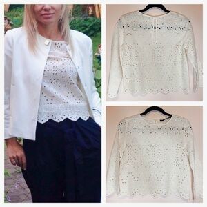 ZARA BASIC Ivory Embroidered 3/4 Sleeves Top